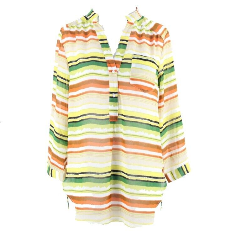 Truth Sz M Lime Yellow Multi Sheer Stripes Tab Sleeve Hi Lo Poly Top