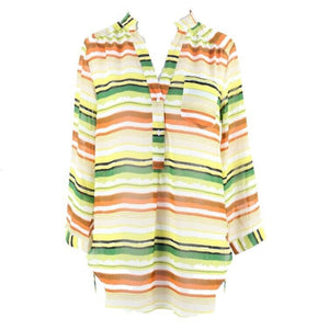 Truth Sz M Lime Yellow Multi Sheer Stripes Tab Sleeve Hi Lo Poly Top