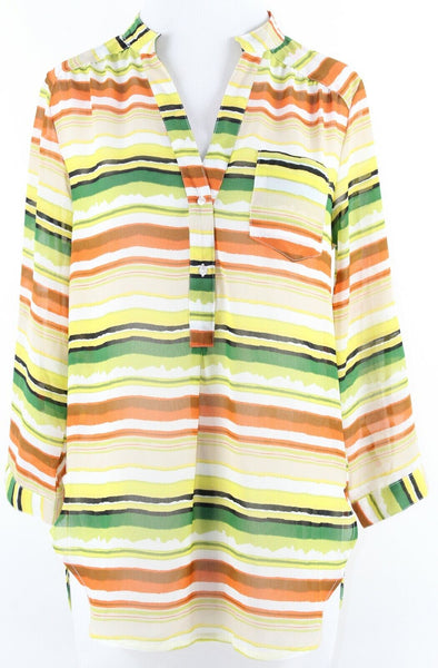 Truth Sz M Lime Yellow Multi Sheer Stripes Tab Sleeve Hi Lo Poly Top