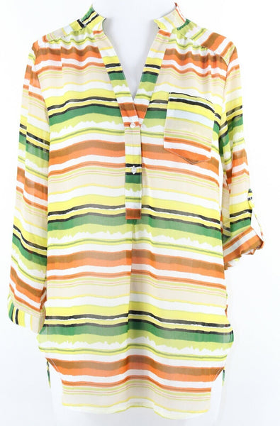 Truth Sz M Lime Yellow Multi Sheer Stripes Tab Sleeve Hi Lo Poly Top