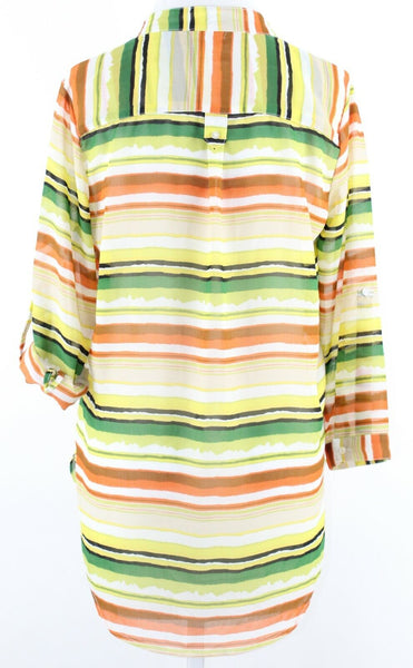 Truth Sz M Lime Yellow Multi Sheer Stripes Tab Sleeve Hi Lo Poly Top