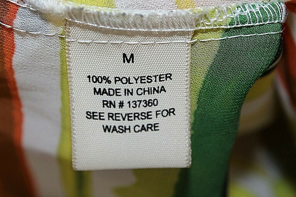 Truth Sz M Lime Yellow Multi Sheer Stripes Tab Sleeve Hi Lo Poly Top
