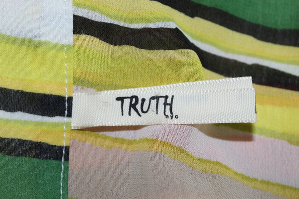 Truth Sz M Lime Yellow Multi Sheer Stripes Tab Sleeve Hi Lo Poly Top