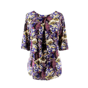 Liz Claiborne Sz M Purple Blue Multi Front Diagonal Pleat Poly Blend Top