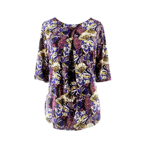 Liz Claiborne Sz M Purple Blue Multi Front Diagonal Pleat Poly Blend Top