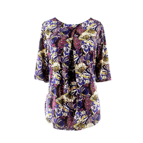 Liz Claiborne Sz M Purple Blue Multi Front Diagonal Pleat Poly Blend Top