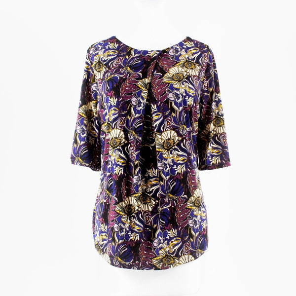 Liz Claiborne Sz M Purple Blue Multi Front Diagonal Pleat Poly Blend Top