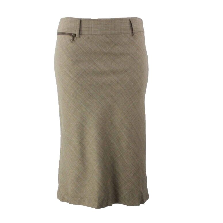 Worth NWT Sz 8 Brown Tan Plaid  Zipper Pocket Detail Rayon Wool Blend Skirt