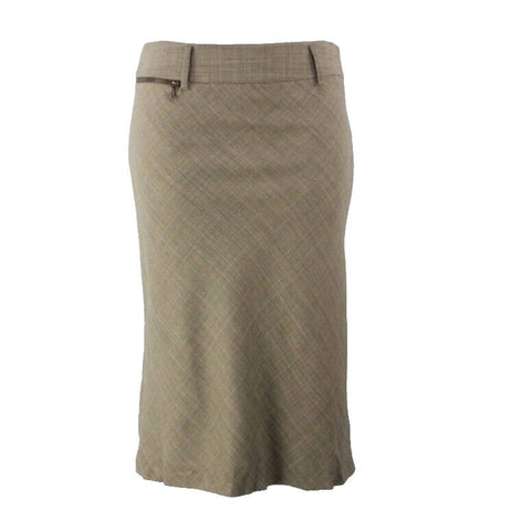 Worth NWT Sz 8 Brown Tan Plaid  Zipper Pocket Detail Rayon Wool Blend Skirt