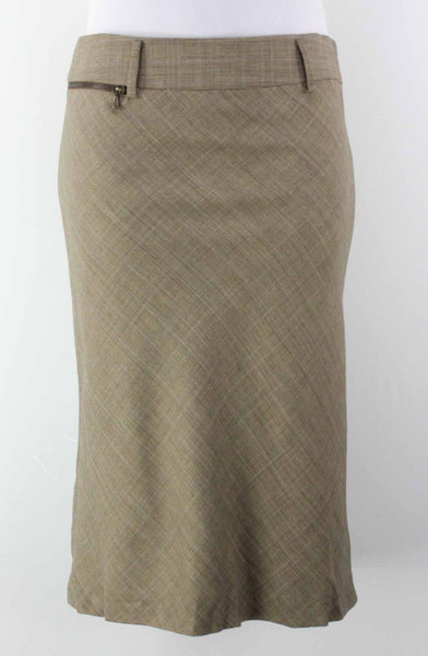 Worth NWT Sz 8 Brown Tan Plaid  Zipper Pocket Detail Rayon Wool Blend Skirt