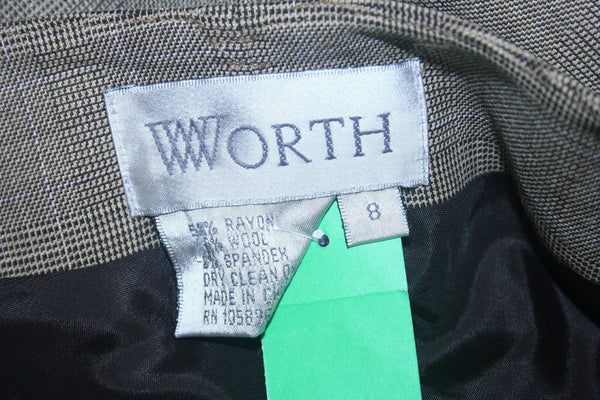 Worth NWT Sz 8 Brown Tan Plaid  Zipper Pocket Detail Rayon Wool Blend Skirt
