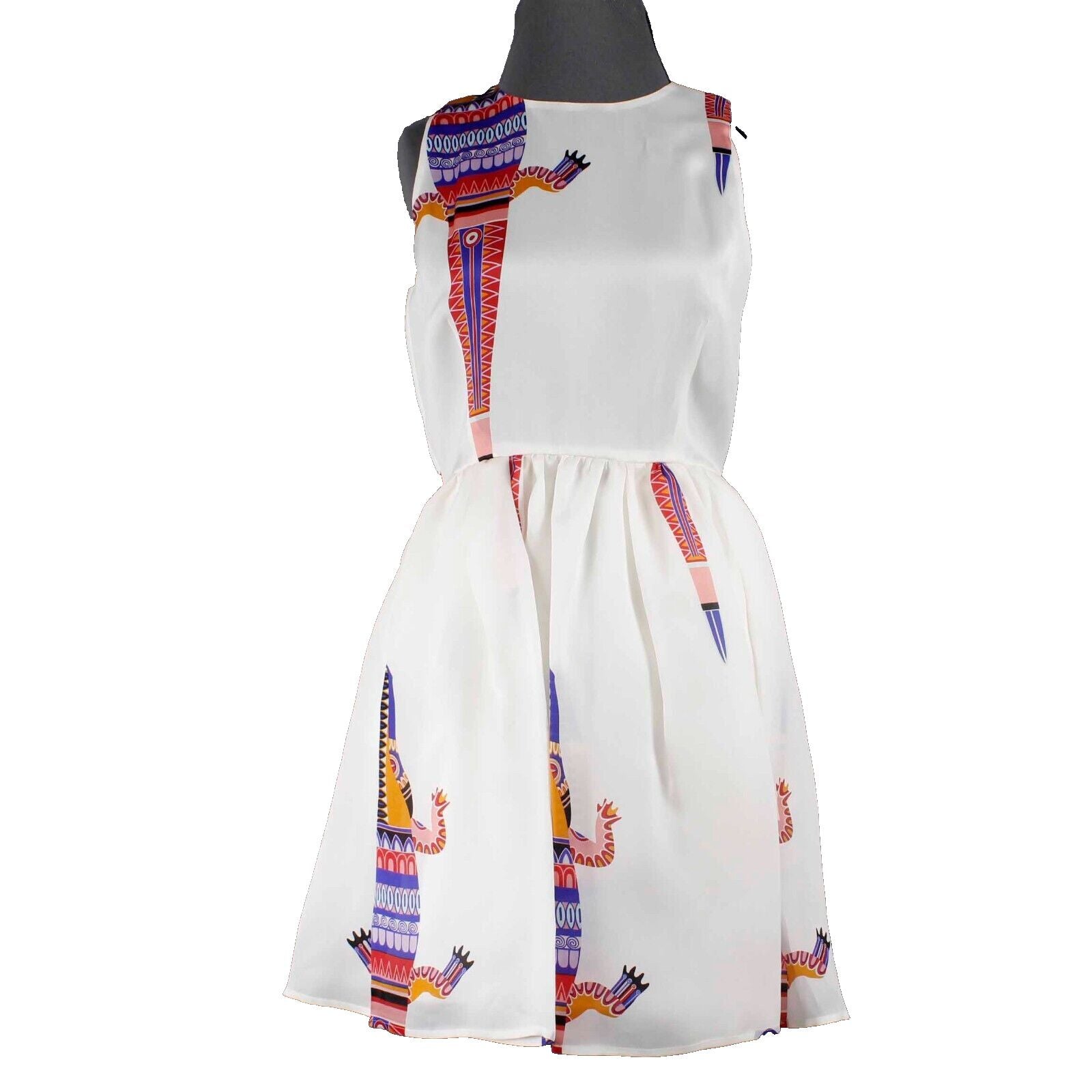 MSGM NEW Sz 4 Ivory Pink Multi Fit n Flare Lined Pockets Silk Polytr Woven Dress