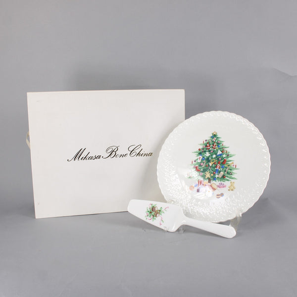 Mikasa Cake Plate And Server Set Christmas Spirit White Multi Colored Bone China