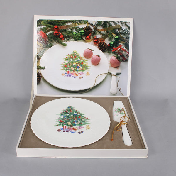 Mikasa Cake Plate And Server Set Christmas Spirit White Multi Colored Bone China