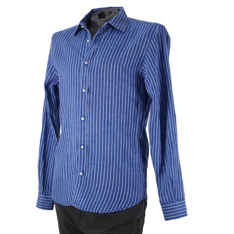 Mario Romano Sz M Blue White Striped Button Down 100% Linen Shirt
