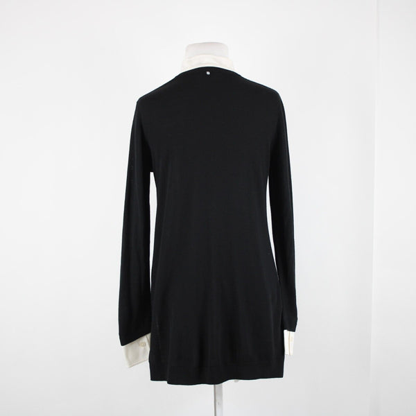 St John Sz P AS IS Black Cream Button Collared Long Sleeve Wool Silk Spandex Top