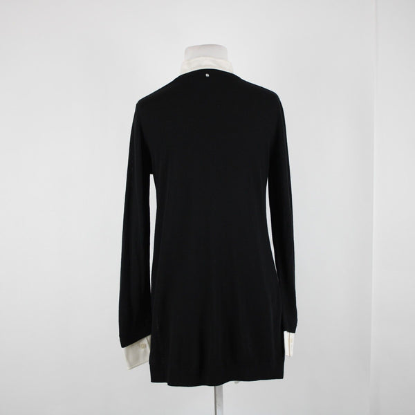 St John Sz P AS IS Black Cream Button Collared Long Sleeve Wool Silk Spandex Top