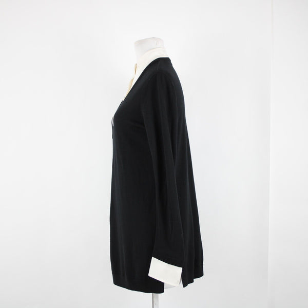 St John Sz P AS IS Black Cream Button Collared Long Sleeve Wool Silk Spandex Top