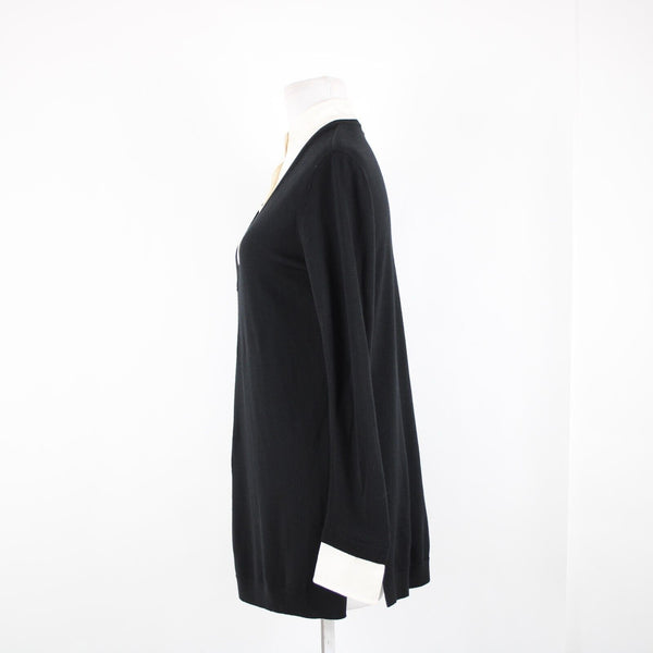 St John Sz P AS IS Black Cream Button Collared Long Sleeve Wool Silk Spandex Top