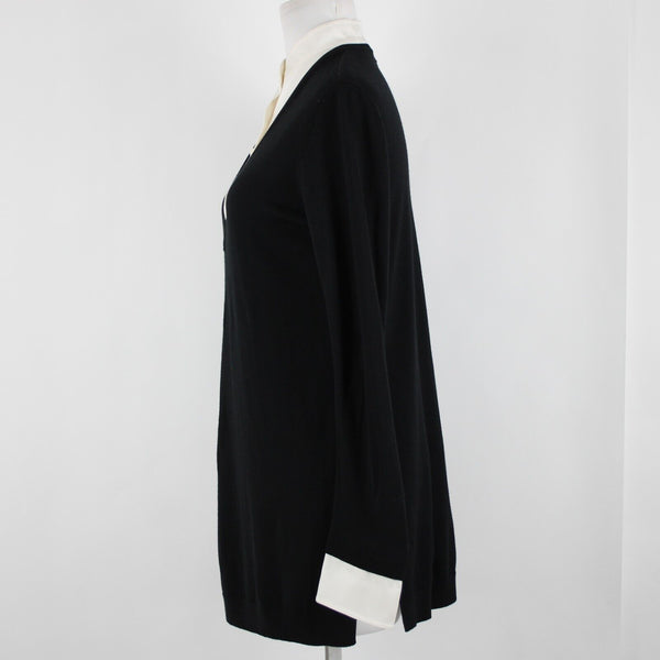 St John Sz P AS IS Black Cream Button Collared Long Sleeve Wool Silk Spandex Top