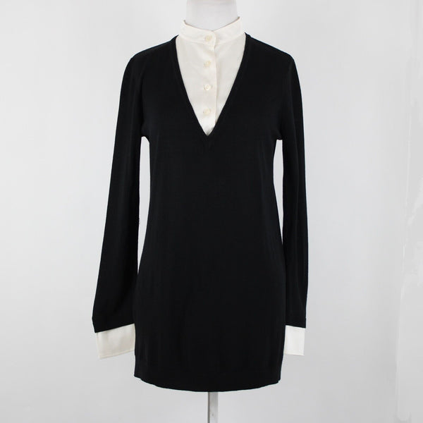 St John Sz P AS IS Black Cream Button Collared Long Sleeve Wool Silk Spandex Top