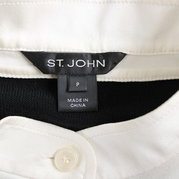 St John Sz P AS IS Black Cream Button Collared Long Sleeve Wool Silk Spandex Top