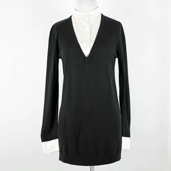St John Sz P AS IS Black Cream Button Collared Long Sleeve Wool Silk Spandex Top