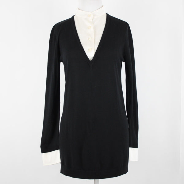 St John Sz P AS IS Black Cream Button Collared Long Sleeve Wool Silk Spandex Top
