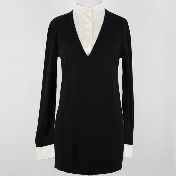 St John Sz P AS IS Black Cream Button Collared Long Sleeve Wool Silk Spandex Top