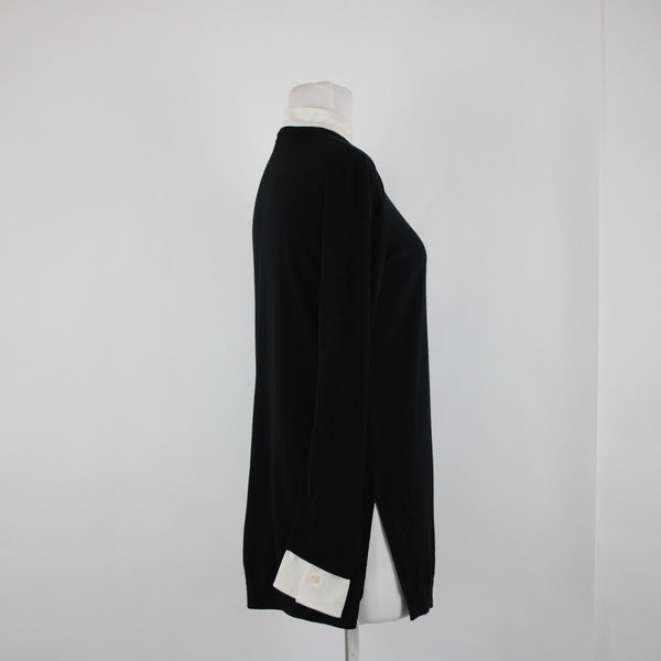St John Sz P AS IS Black Cream Button Collared Long Sleeve Wool Silk Spandex Top