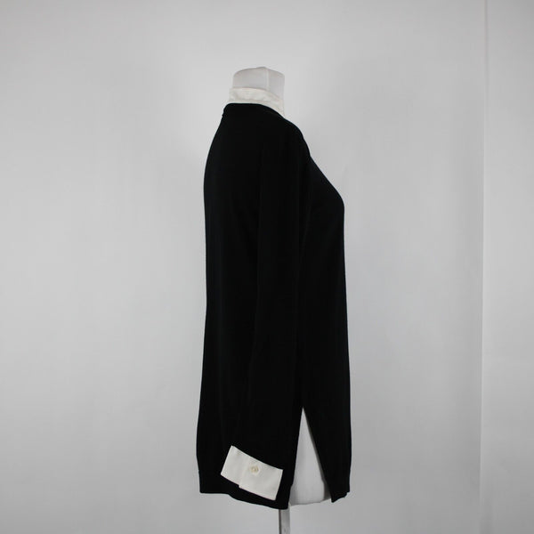 St John Sz P AS IS Black Cream Button Collared Long Sleeve Wool Silk Spandex Top