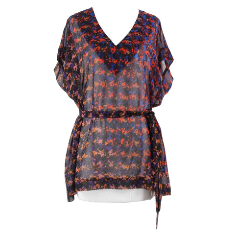 Cabi NEW Sz M Navy Multicolor V Neck Sheer Abstract 100% Polyester Top