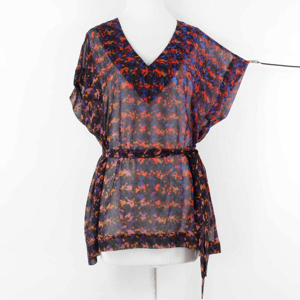 Cabi NEW Sz M Navy Multicolor V Neck Sheer Abstract 100% Polyester Top