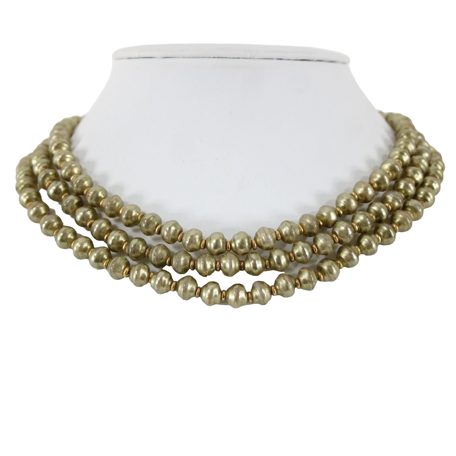 St John Moss Green Goldtone Faux Pearls 3 Strands 16" AS IS Necklace