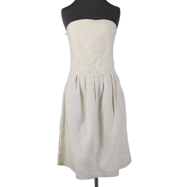 Meadow Dress Sz M Cream Tan Green Stitching Pleated Hemp Tencel Dress