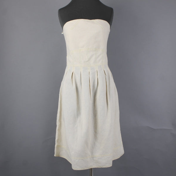 Meadow Dress Sz M Cream Tan Green Stitching Pleated Hemp Tencel Dress