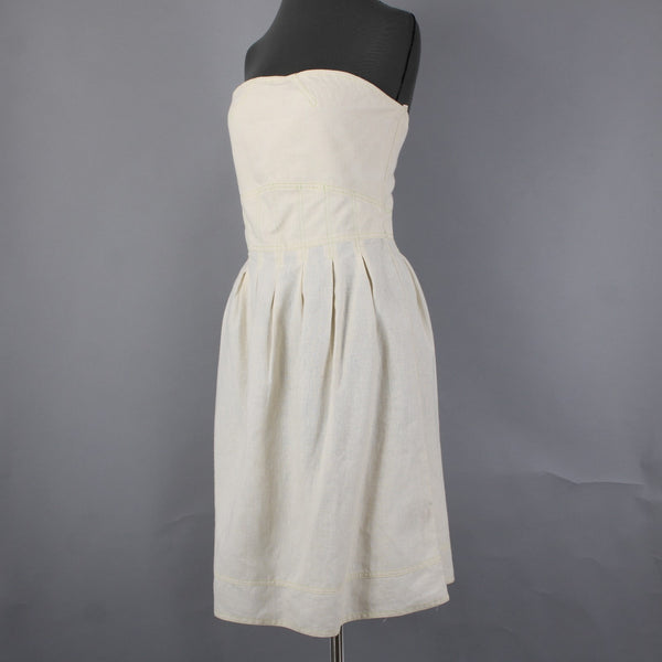 Meadow Dress Sz M Cream Tan Green Stitching Pleated Hemp Tencel Dress