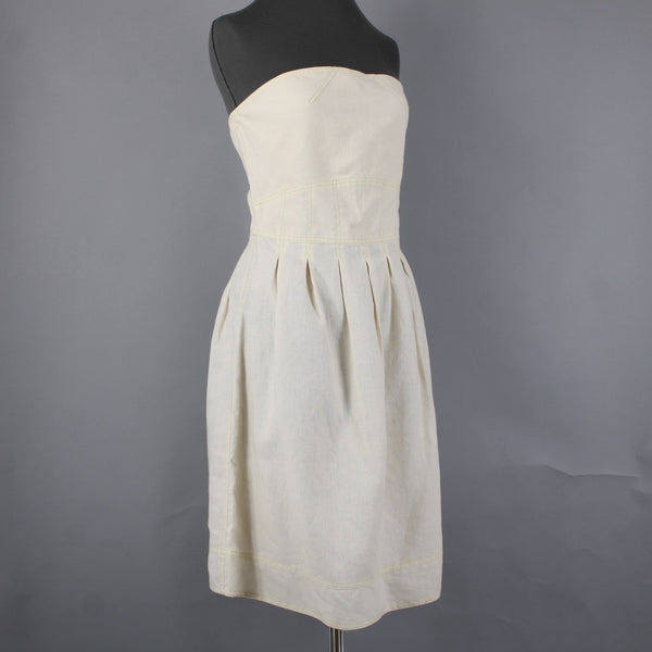 Meadow Dress Sz M Cream Tan Green Stitching Pleated Hemp Tencel Dress