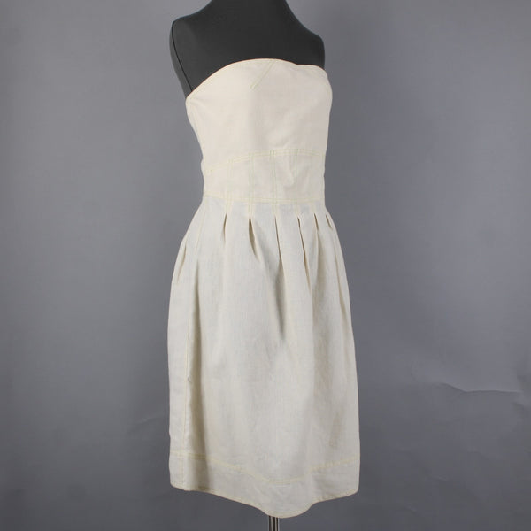 Meadow Dress Sz M Cream Tan Green Stitching Pleated Hemp Tencel Dress