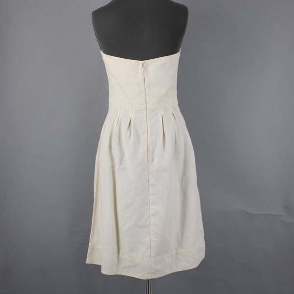 Meadow Dress Sz M Cream Tan Green Stitching Pleated Hemp Tencel Dress