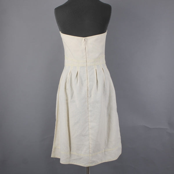 Meadow Dress Sz M Cream Tan Green Stitching Pleated Hemp Tencel Dress