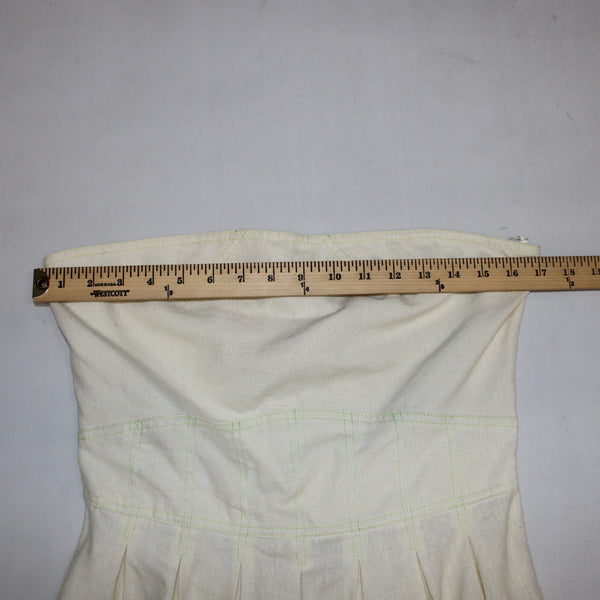 Meadow Dress Sz M Cream Tan Green Stitching Pleated Hemp Tencel Dress