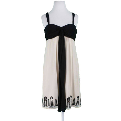 Nine West Sz 4 Black Ivory Sheer Lined Embroidered Beaded Tie 100% Silk Dress