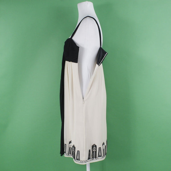 Nine West Sz 4 Black Ivory Sheer Lined Embroidered Beaded Tie 100% Silk Dress