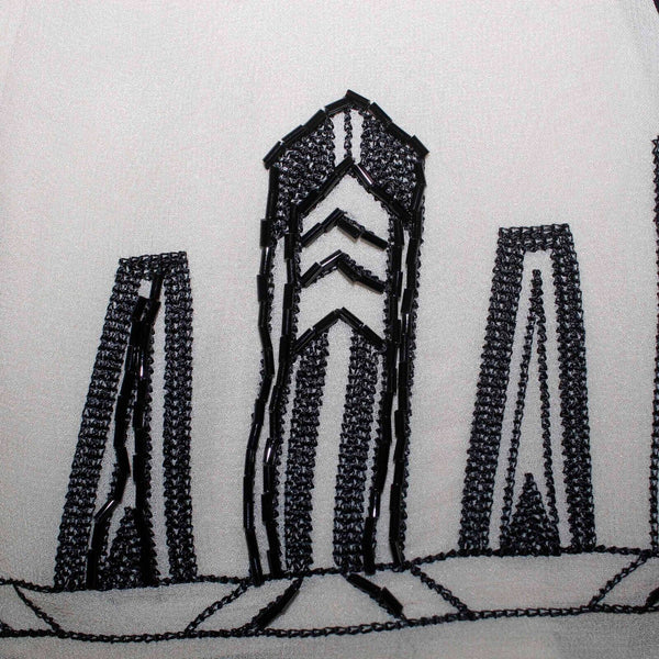 Nine West Sz 4 Black Ivory Sheer Lined Embroidered Beaded Tie 100% Silk Dress