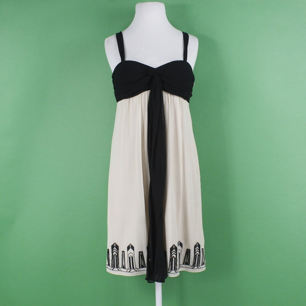 Nine West Sz 4 Black Ivory Sheer Lined Embroidered Beaded Tie 100% Silk Dress
