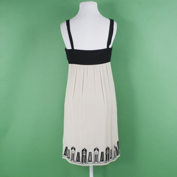 Nine West Sz 4 Black Ivory Sheer Lined Embroidered Beaded Tie 100% Silk Dress
