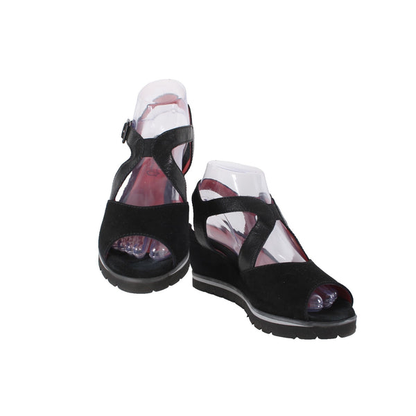 Pas De Rouge Wedge Heels Camoscio Dover Sz 39 Black Suede Leather 2.5" Heel