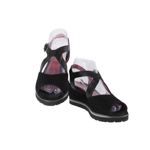 Pas De Rouge Wedge Heels Camoscio Dover Sz 39 Black Suede Leather 2.5" Heel