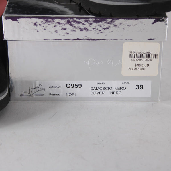 Pas De Rouge Wedge Heels Camoscio Dover Sz 39 Black Suede Leather 2.5" Heel